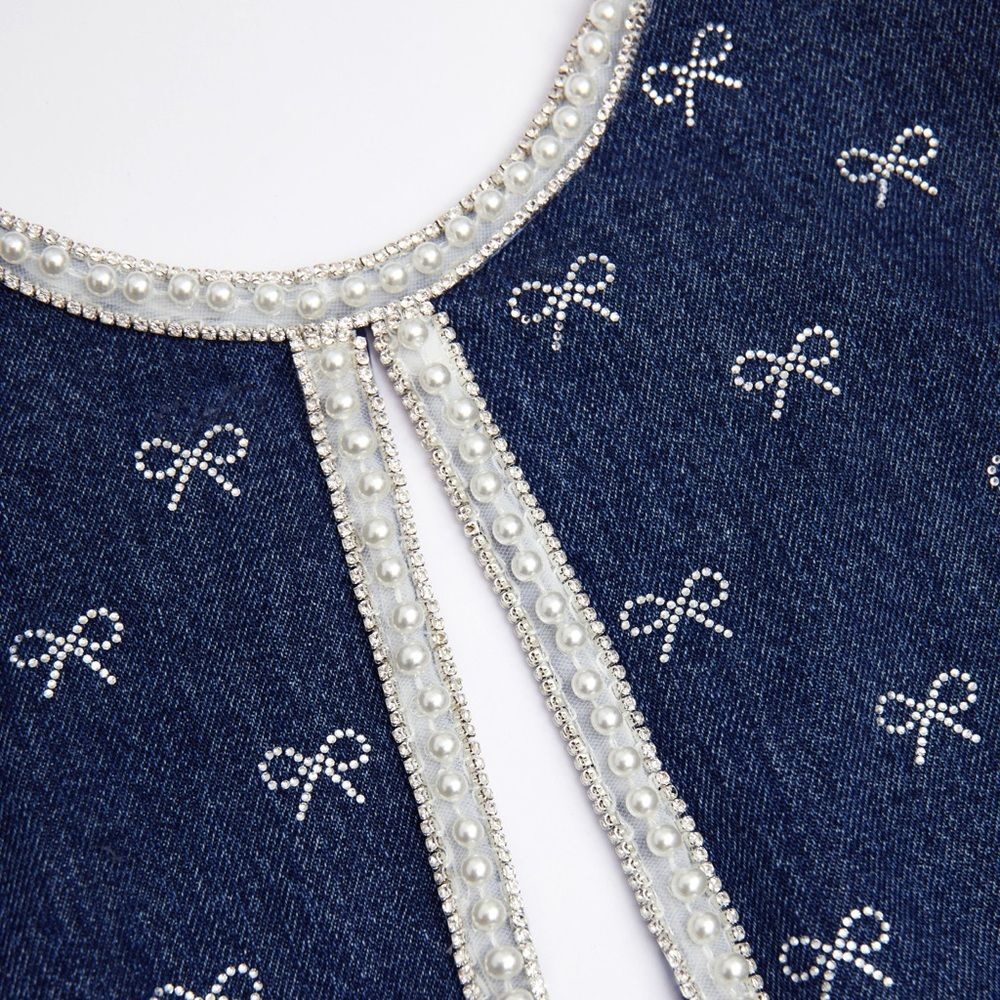 NWOT Self-Portrait DENIM DIAMANTE BOW MINI DRESS - Picture 4 of 16